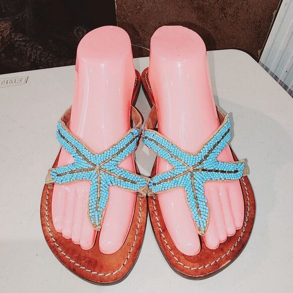 MYSTIQUE Sz 9 Teal Beaded Starfish Beach Resort Kuwai Leather Handmade Sandals - Picture 6 of 14